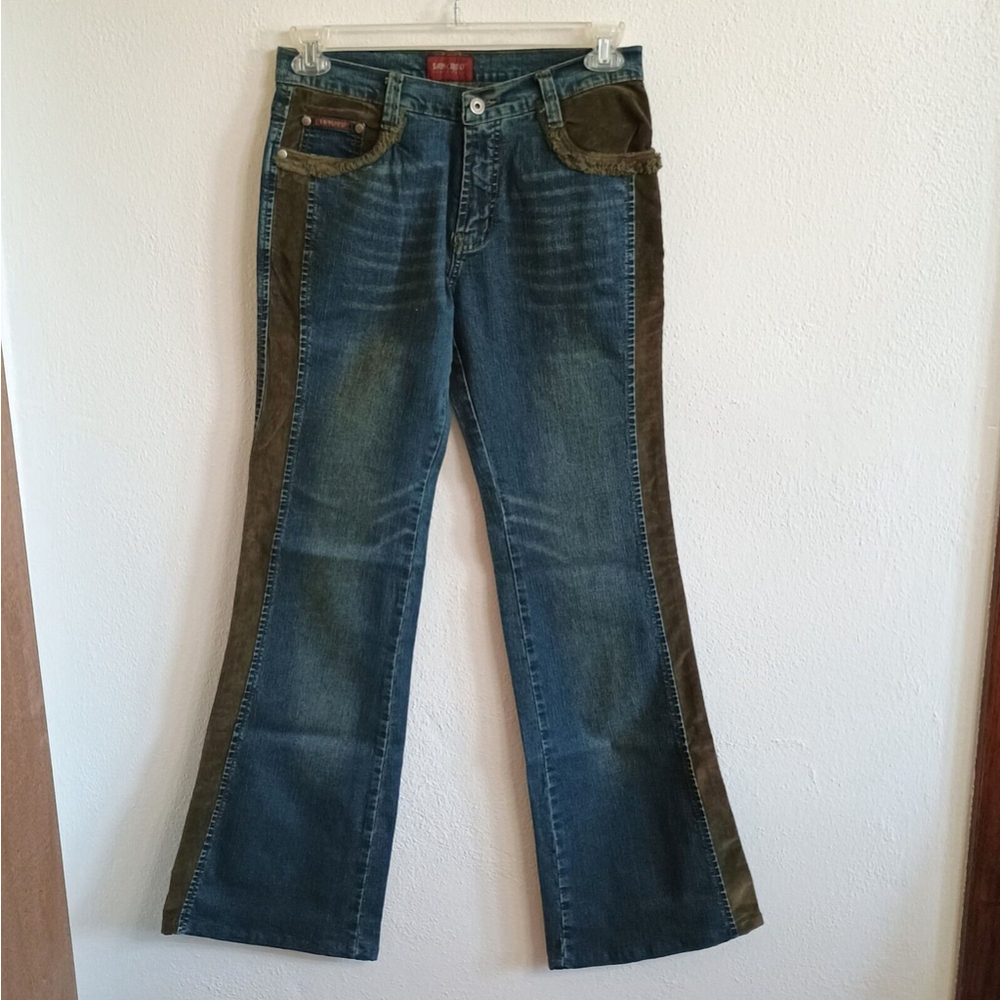 Vintage Y2K Sancred Denim Jeans Flare Green Corduroy Sides Size 30 X 32